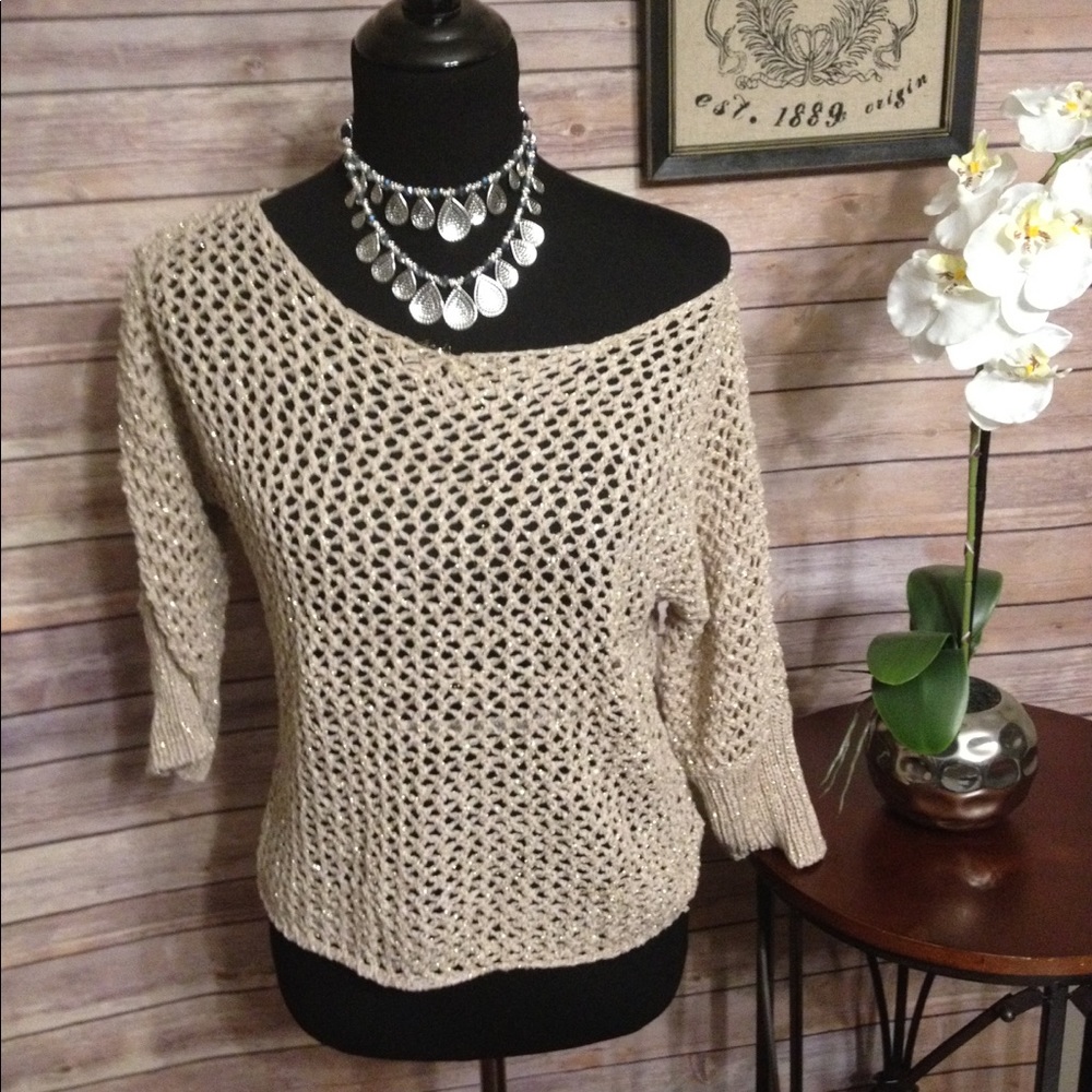 Beige Crochet gold metallic thread sweater