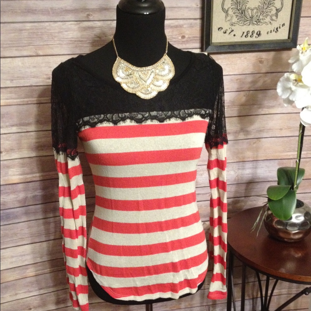 Sheer black lace, striped sweater