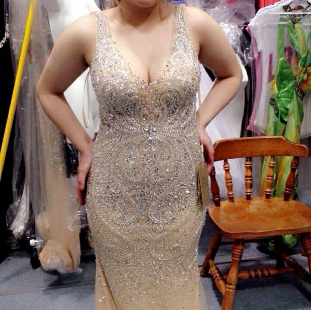 Nude/champagne rhinestone beaded prom dress