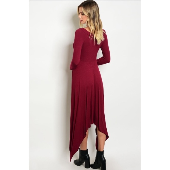 🎉CLEARANCE🎉Burgundy Long Sleeve Asymmetric Dress - Picture 3 of 6