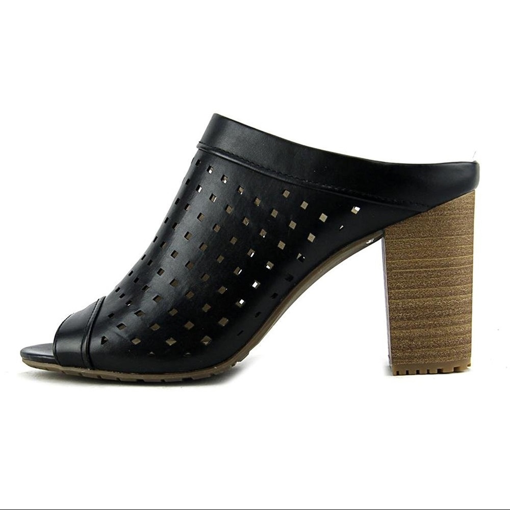 Black Perforated Peep Toe Block Heel Mules - Picture 2 of 4