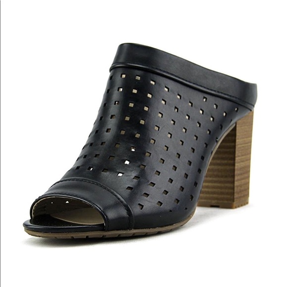 Black Perforated Peep Toe Block Heel Mules - Picture 3 of 4
