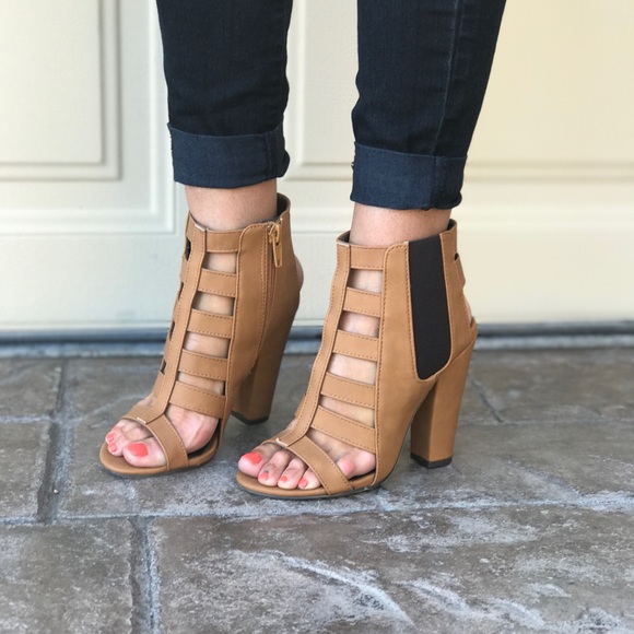 Tan Caged Gladiator Open Toe Chunky Heel Sandal - Picture 3 of 6