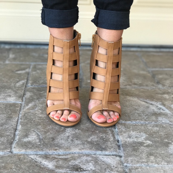 Tan Caged Gladiator Open Toe Chunky Heel Sandal - Picture 4 of 6