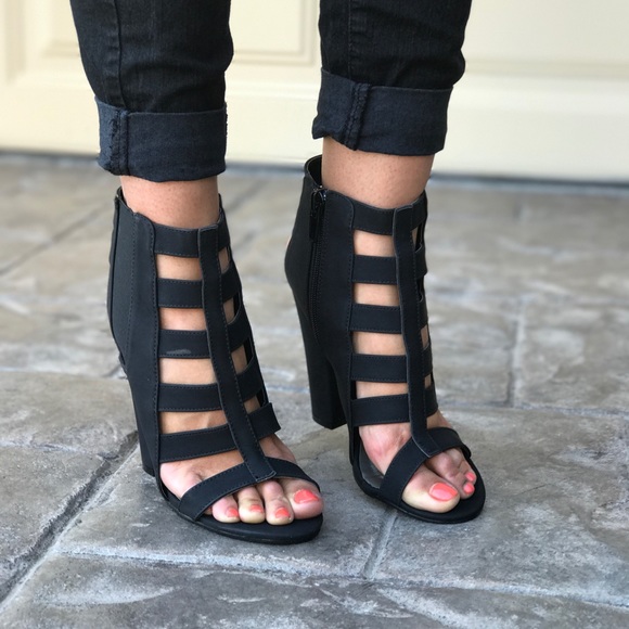 Mat Black Caged Strappy Block Heel Sandal - Picture 3 of 5