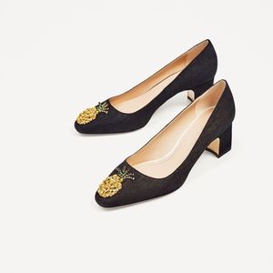 Zara denim mid heel pineapple shoes