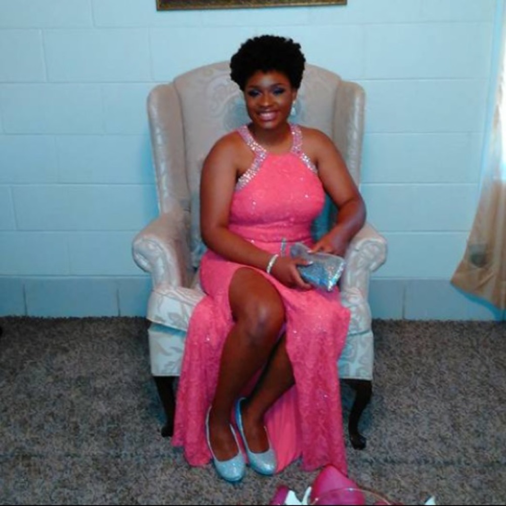 David's Bridal Coral Halter Neck Prom Dress