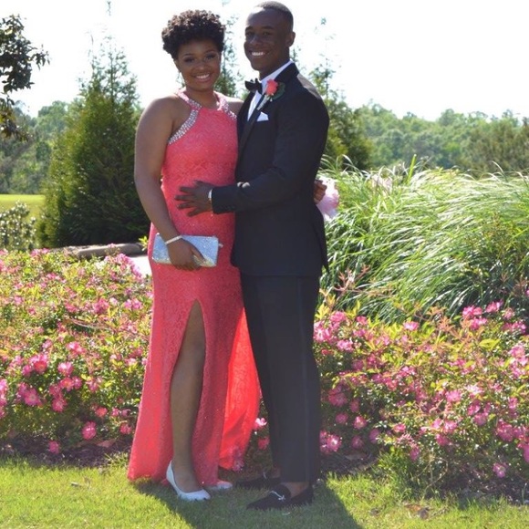 David's Bridal Coral Halter Neck Prom Dress - Picture 3 of 5