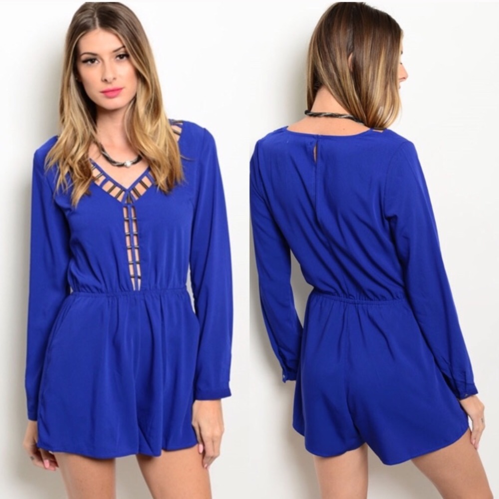 Royal blue long sleeve cutout romper