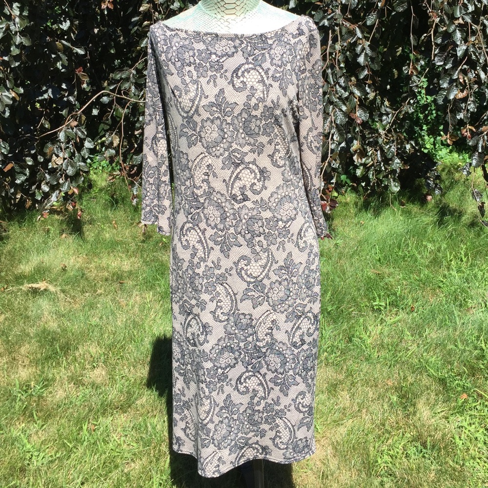 SALE Leota Long Gray Dress with Blue Patterns