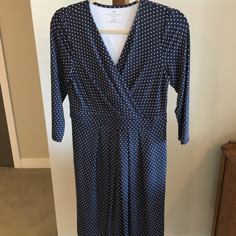 Talbots 3/4 sleeve navy polka dot dress