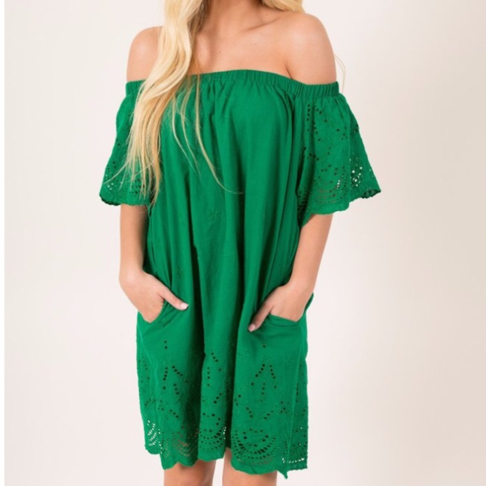 Green eyelet off the shoulder dress