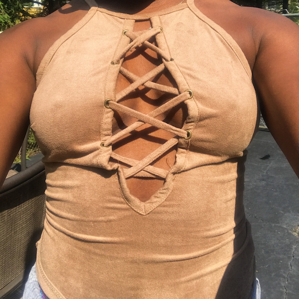 *The Tan Suede Bodysuit on Body*