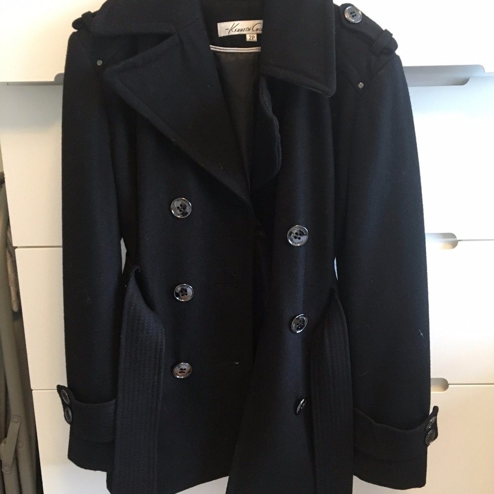 Women's Kenneth Cole Wool Black Pea Coat, Size 2P