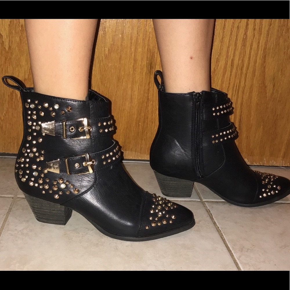 Black leather studded booties