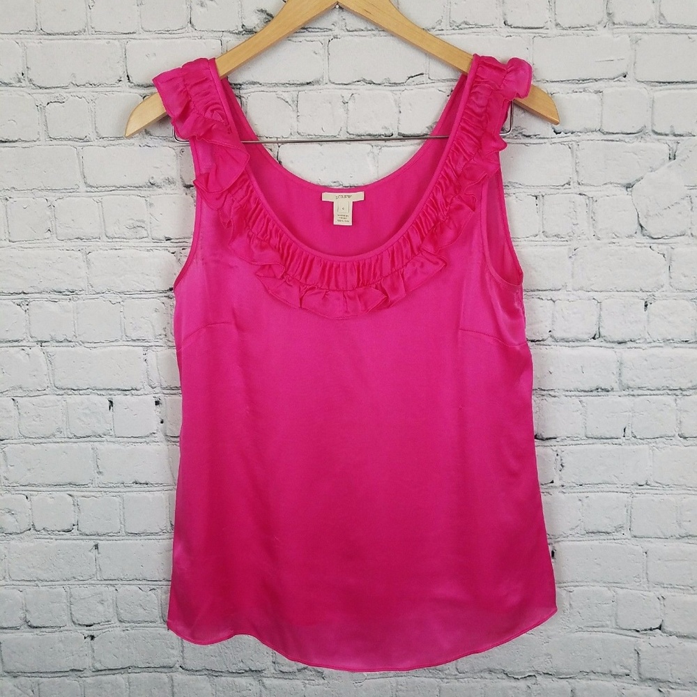 J Crew 100% Silk Hot Pink Ruffle Neck Tank Top