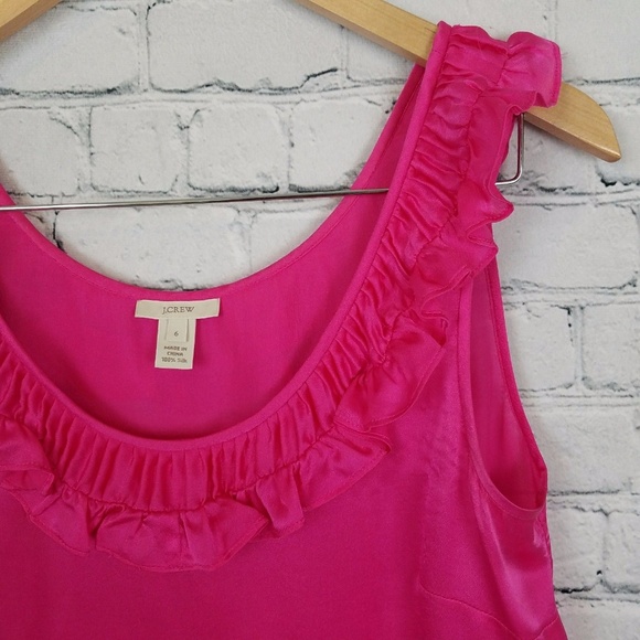 J Crew 100% Silk Hot Pink Ruffle Neck Tank Top - Picture 3 of 6