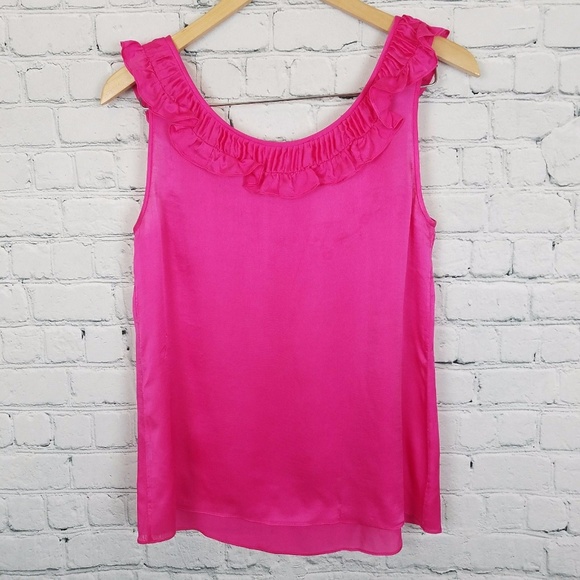 J Crew 100% Silk Hot Pink Ruffle Neck Tank Top - Picture 6 of 6