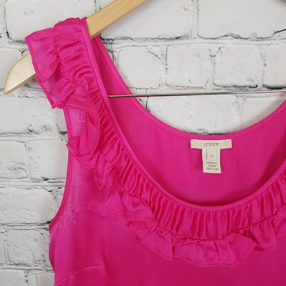 J Crew 100% Silk Hot Pink Ruffle Neck Tank Top - Picture 2 of 6