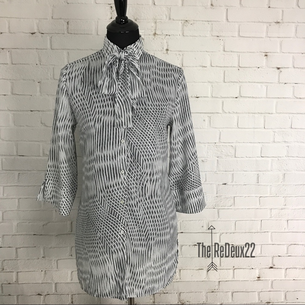 Zara Black And White Print Blouse Attached Necktie