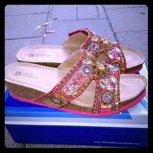 White mountain red jeweled wedged sandals