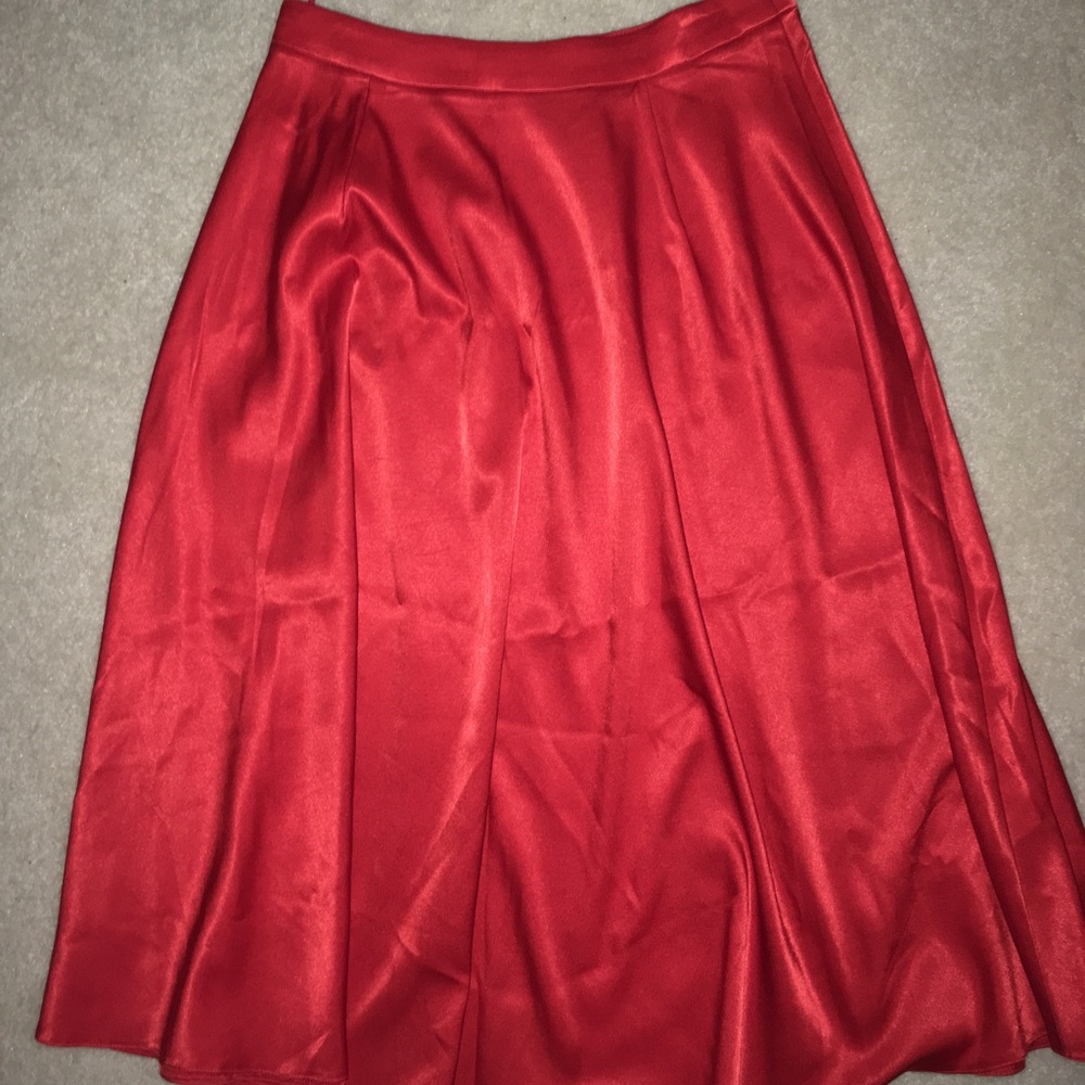 Below the knee red satin skirt