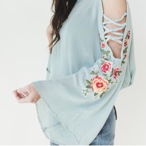 Bell sleeve embroidered cold shoulder top