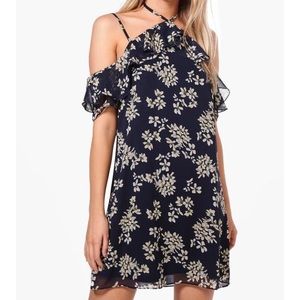 Boohoo Addison Floral Ruffle Tie Neck Shift Dress