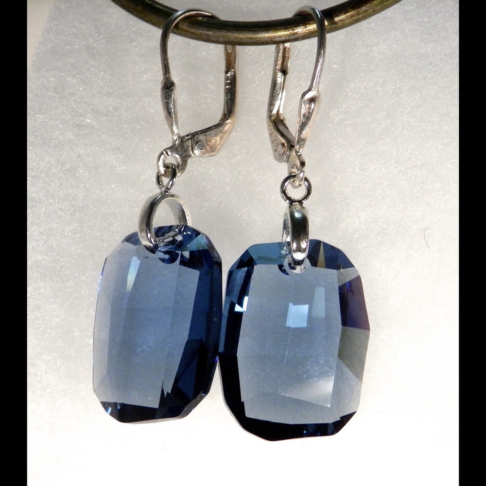 SOLD. Everyday Comfort. Denim Blue Crystals Earrings - Picture 1 of 3