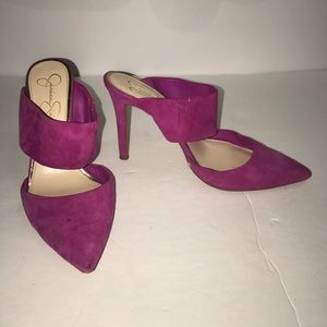 Fuschia suede Jessica Simpson slide on heels