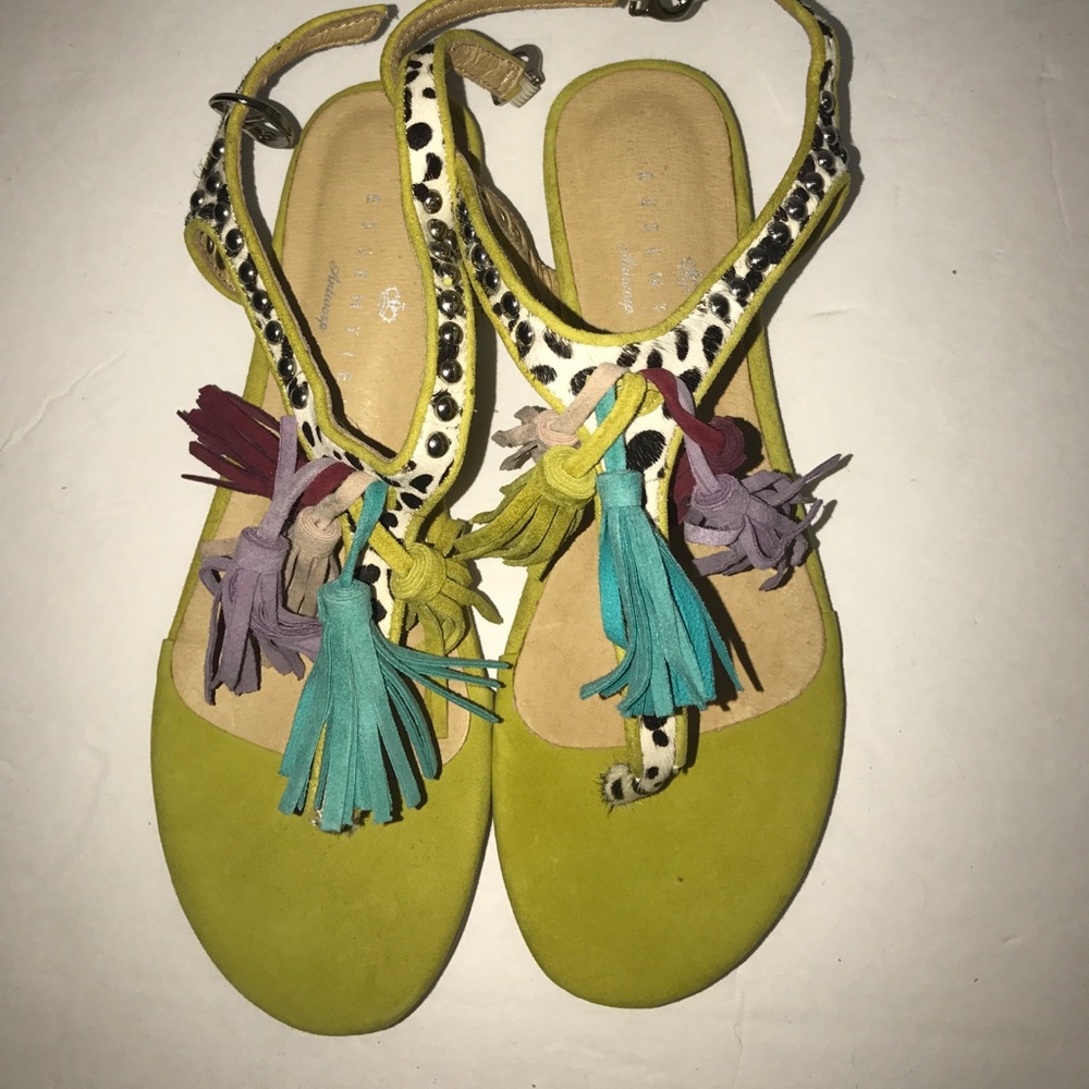 Lime suede with print and multi fringe sandals