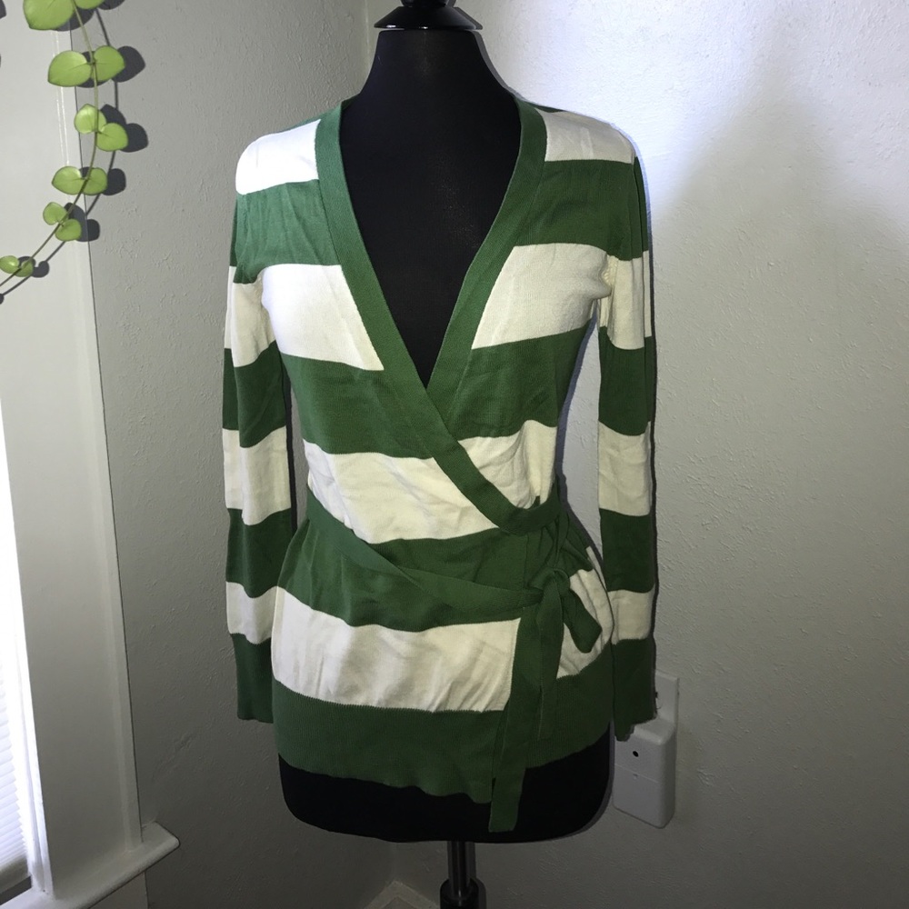 Green & Cream Striped Wrap Around Cardigan Sweater
