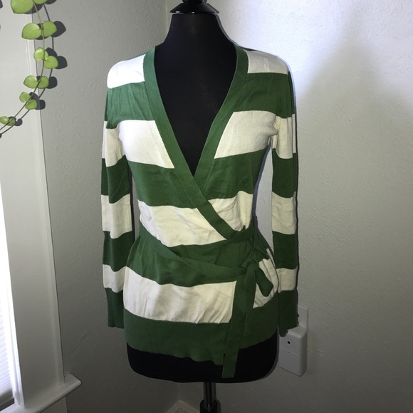 Green & Cream Striped Wrap Around Cardigan Sweater - Picture 1 of 3