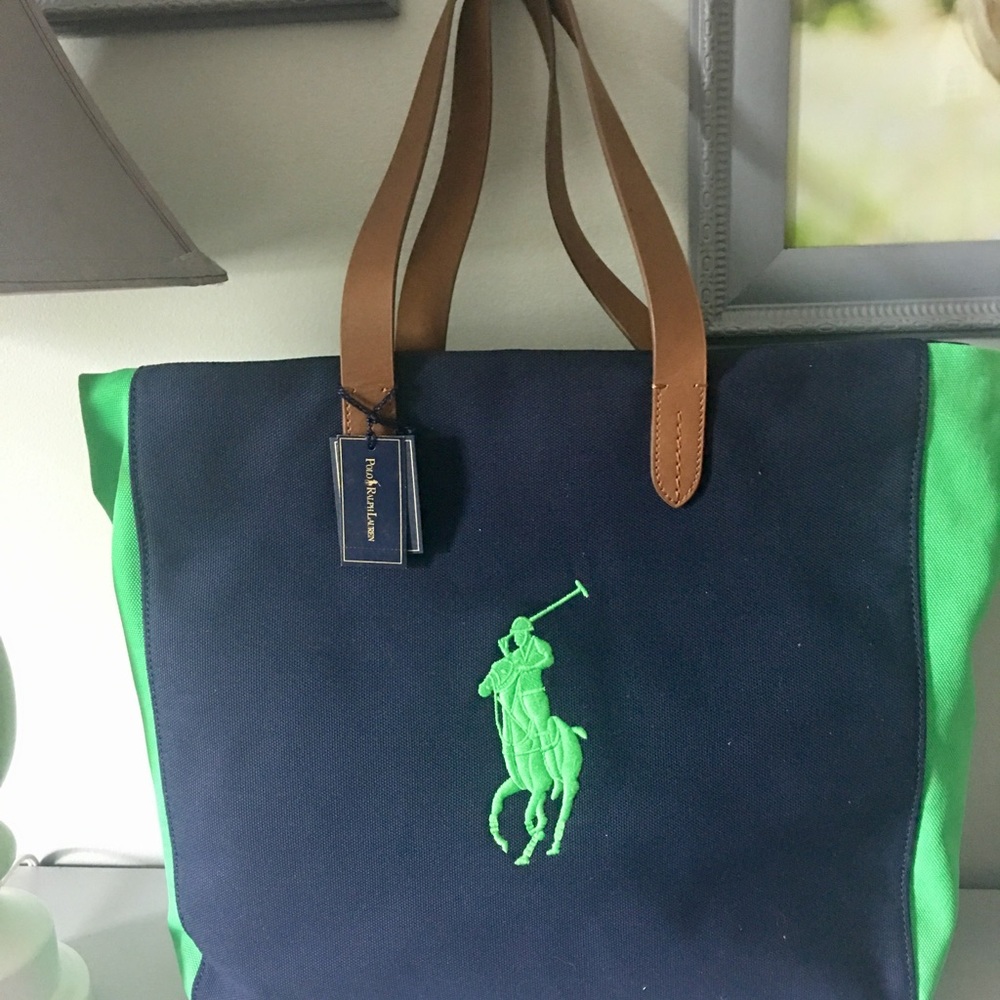 RALPH LAUREN NAVY & GREEN CANVAS TOTE BAG !