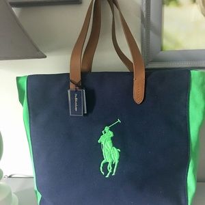 RALPH LAUREN NAVY & GREEN CANVAS TOTE BAG !