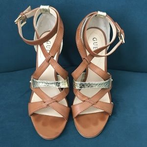 GUESS Tan/Gold Sexy Ankle Strap Heels