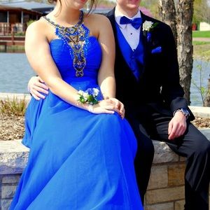 Blue Beaded Floor Length Prom Dress