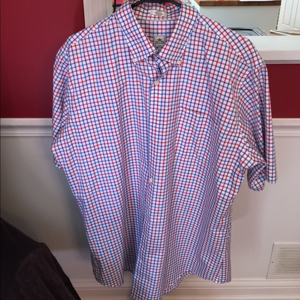 White, blue, red, and purple striped shirt