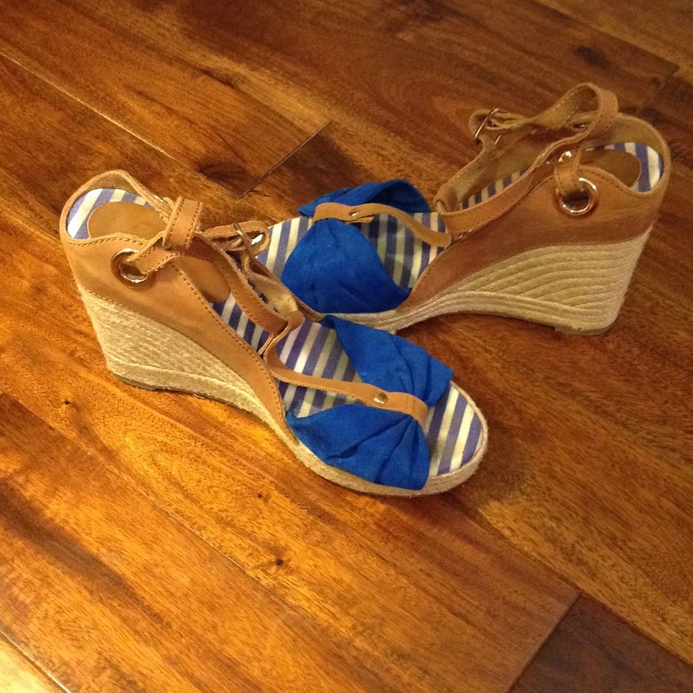Cobalt Blue and Tan Leather Espadrille Wedge