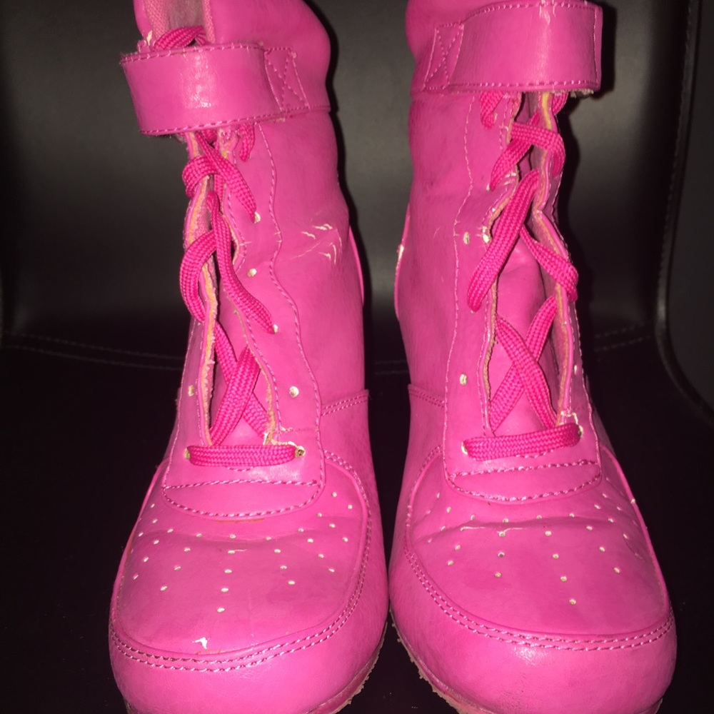 Pink Lace Up Sneaker Booties sneaker heels Size 7 - Picture 2 of 3