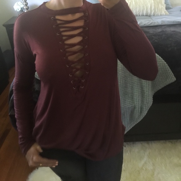 Desired Collection Tops - SOLD OUT Lush Rust lace-up long sleeve