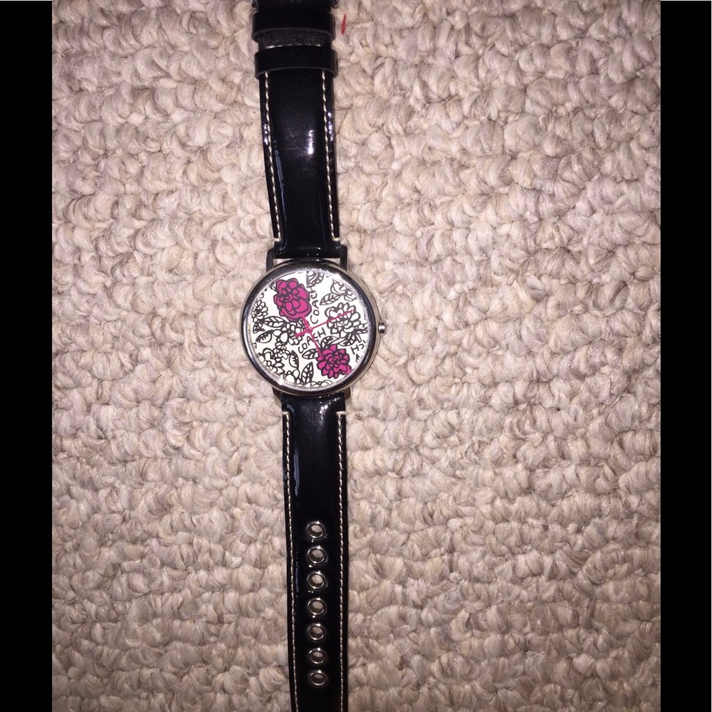 Coach Poppy Black Wrist Watch w Flower Detail Face