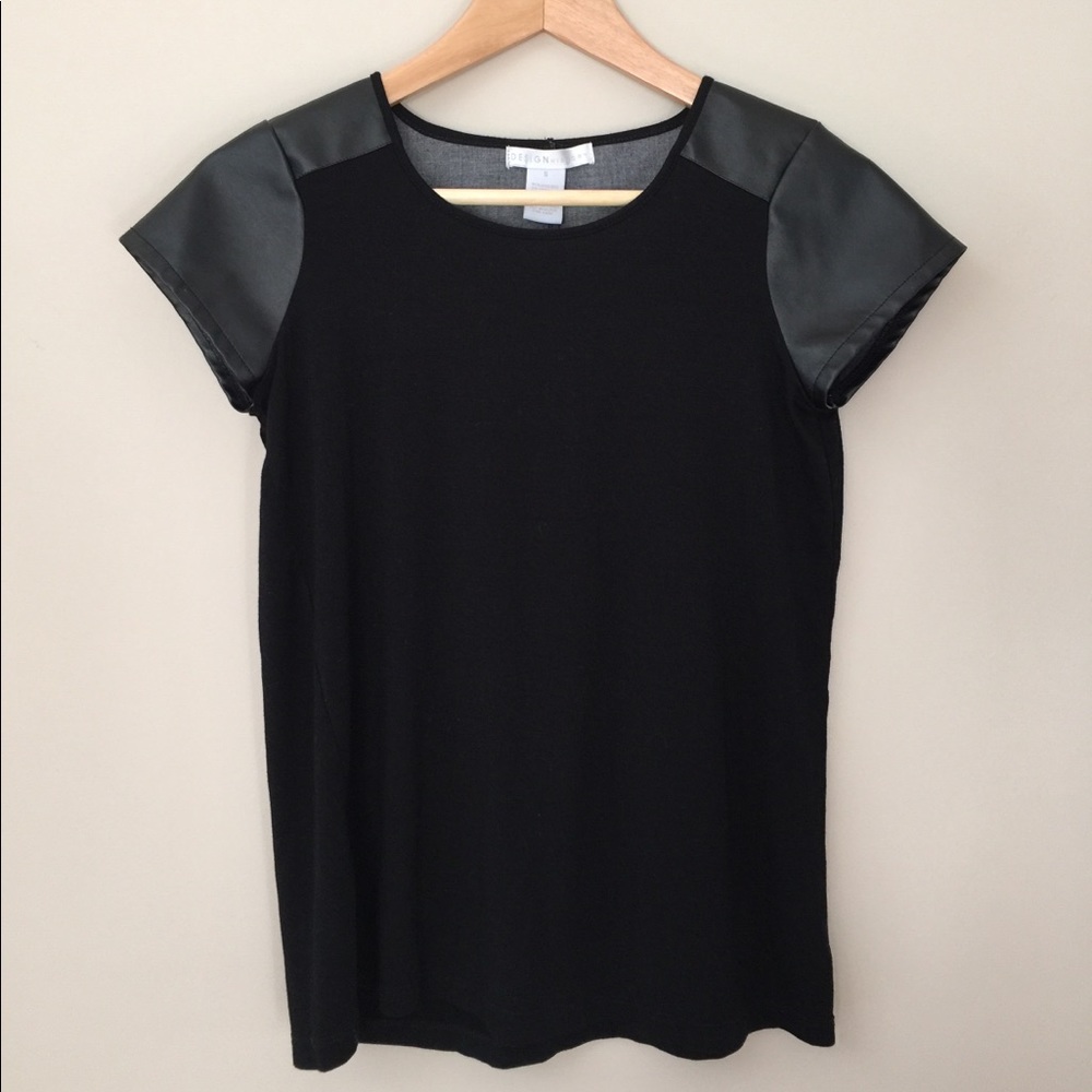 Black top with leather short sleeves - size small