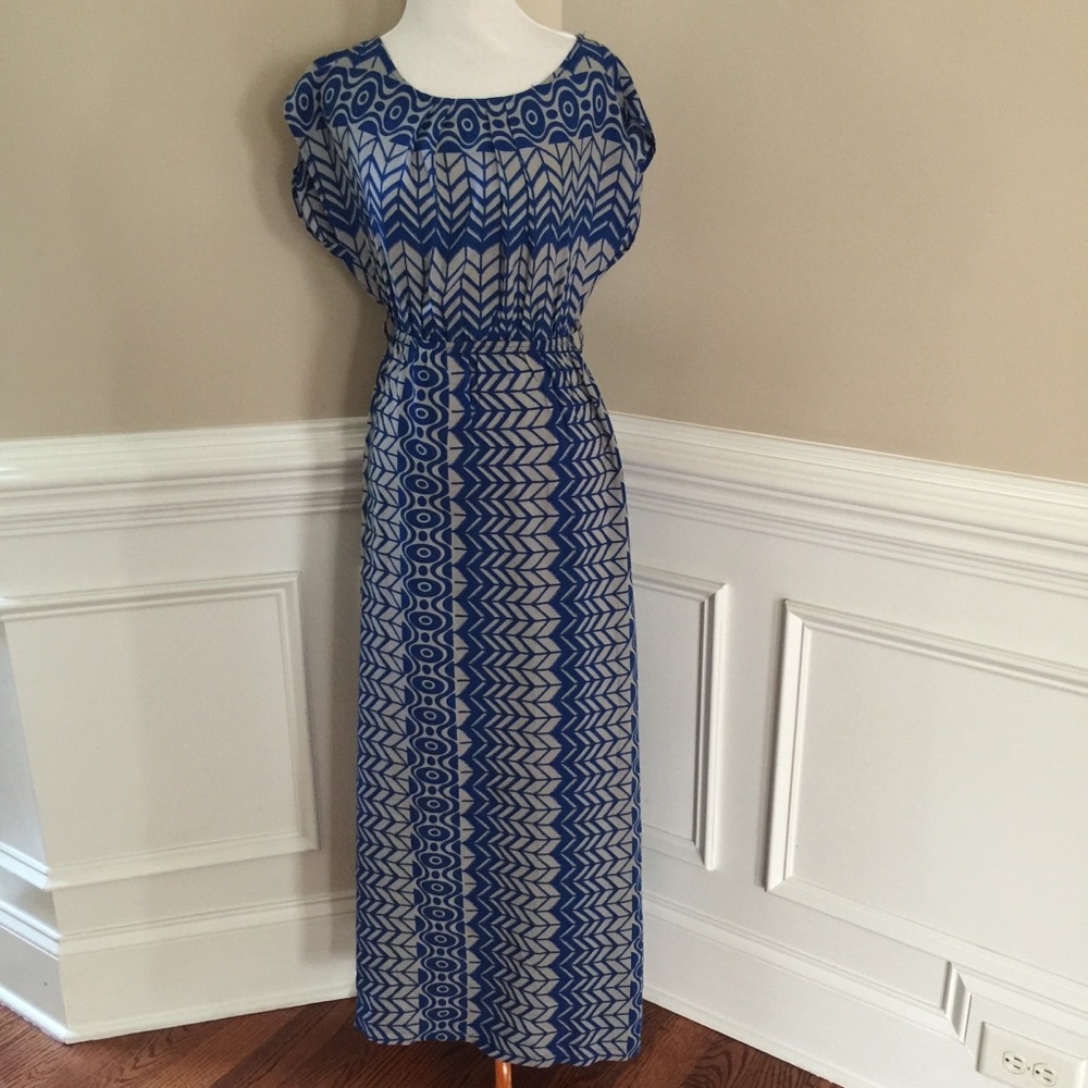 Gray & blue cap sleeved maxi dress size XS