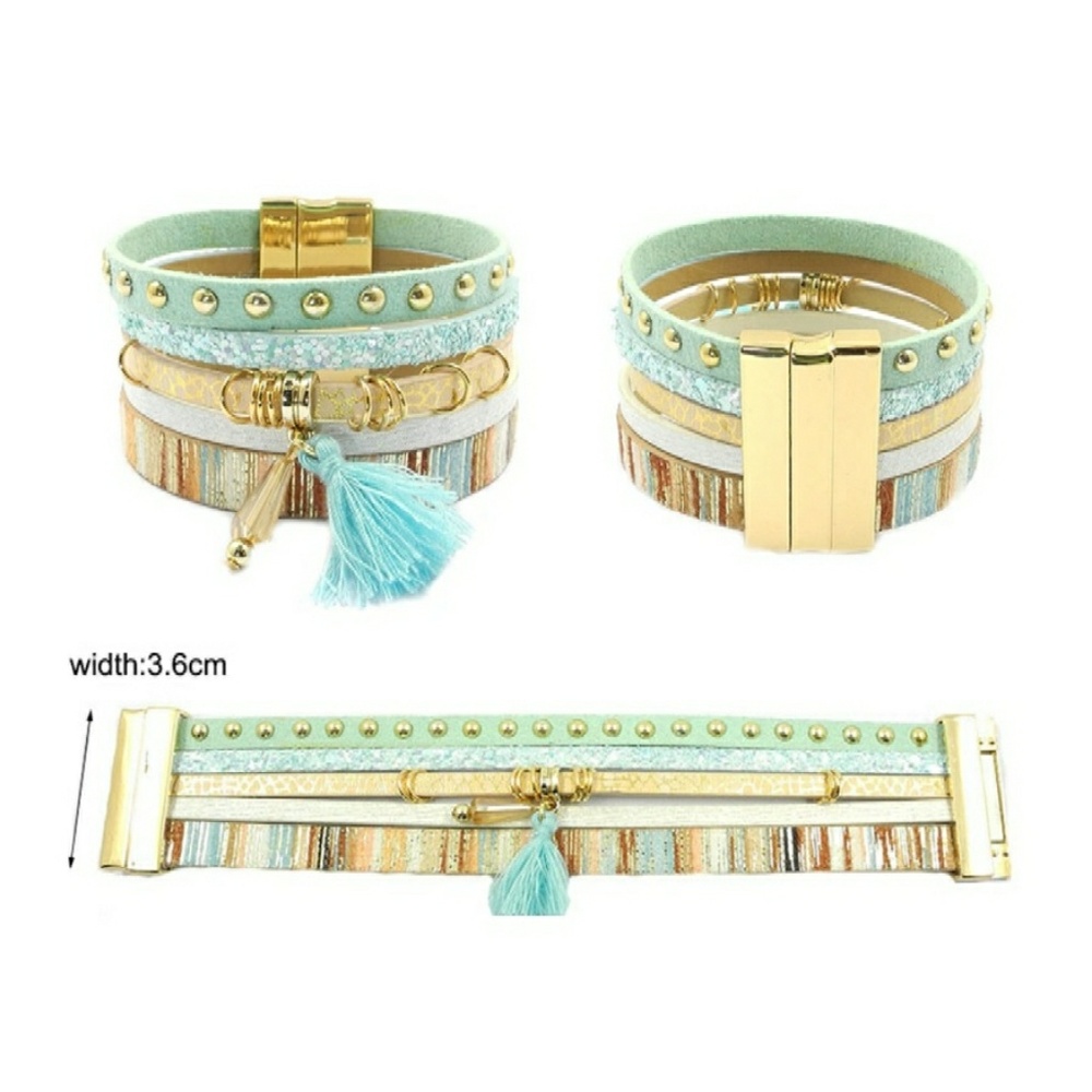 Aqua Boho Leather Wrap Charm Bracelet - Picture 2 of 2