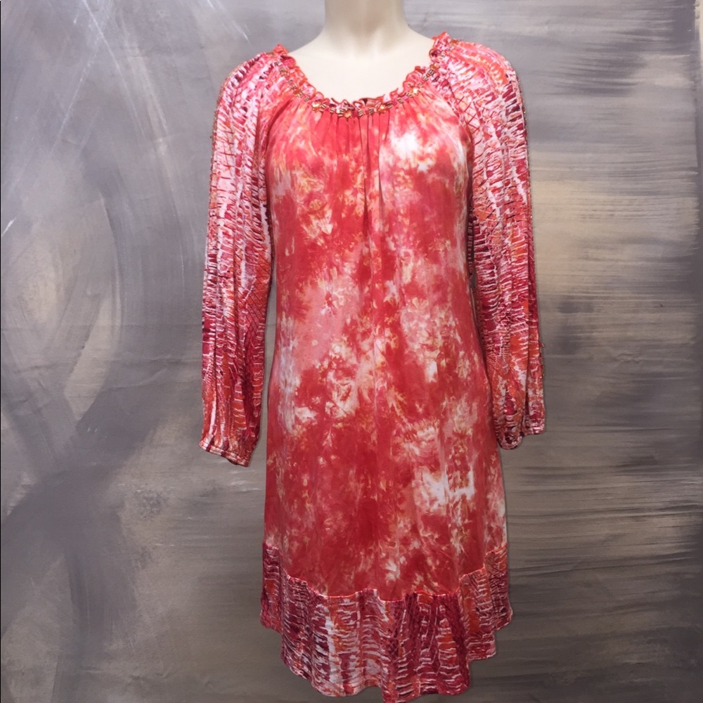 Red and Orange Tie Dye Dress with Beaded Detail