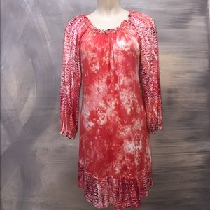 Red and Orange Tie Dye Dress with Beaded Detail