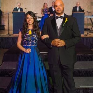 Sherri Hill navy and nude prom dress