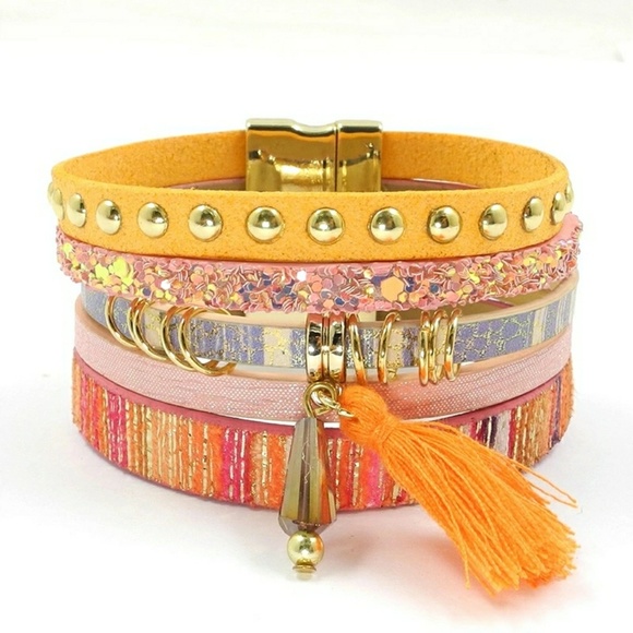 Jewelry - Orange Boho Leather Wrap Charm Bracelet