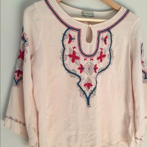Pale pink embroidered blouse with 3/4 sleeves sz S